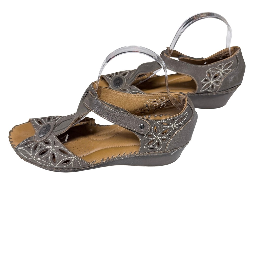 Biza Gray Leather Laser Cut Floral Wedge Sandals EU 42‎ Womens Comfort Shoes